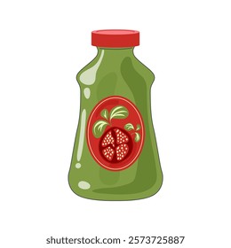 Pesto sauce in jar in flat design. Italian green basil condiment bottle. Vector illustration isolated.