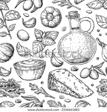 Pesto sauce vector seamless pattern. Traditional italian pesto ingredients drawing. Food background sketch. Basil, garlic, pine nuts, parmesan cheese, olive oil, arugula hand drawn illustration