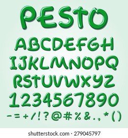 Pesto vector alphabet. Green sauce ABC letters, hand-made font.