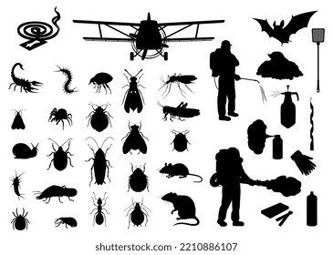 Pests control equipment, insects and animals vector silhouettes. Mosquito coil, plane and exterminator, aerosol flyswatter and flypaper, rat, locust and mosquito, termite, spider and snail, scorpion