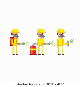 Pests control specialist set. Pixel art. Old school computer graphic. 8 bit video game. Game assets 8-bit sprite. 16-bit.