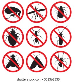 Pests vector silhouettes isolated. insect prohibition sign. flea,  mosquito, mite, cockroach, fly, moth, spider 