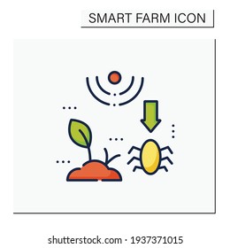 Pests and weeds elimination color icon. Agriculture machines tasks. Crops protection from harm. Neutralization of parasites. Smart farming concept. Isolated vector illustration