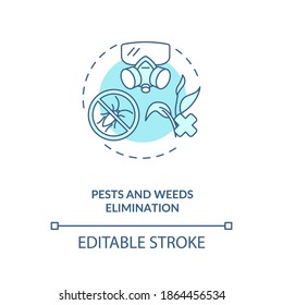 Pests and weeds elimination concept icon. Agriculture machines tasks. Protection from insects and plants. Farm idea thin line illustration. Vector isolated outline RGB color drawing. Editable stroke