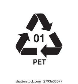 PET 01 plastic recycling code symbol with triangular arrows sustainability icon