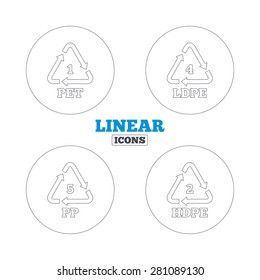 PET 1, Ld-pe 4, PP 5 and Hd-pe 2 icons. High-density Polyethylene terephthalate sign. Recycling symbol. Linear outline web icons. Vector