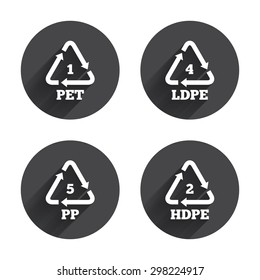 PET 1, Ld-pe 4, PP 5 and Hd-pe 2 icons. High-density Polyethylene terephthalate sign. Recycling symbol. Circles buttons with long flat shadow. Vector
