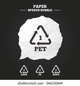 PET 1, Ld-pe 4, PP 5 and Hd-pe 2 icons. High-density Polyethylene terephthalate sign. Recycling symbol. Paper speech bubble with icon.