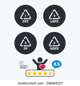 PET 1, Ld-pe 4, PP 5 and Hd-pe 2 icons. High-density Polyethylene terephthalate sign. Recycling symbol. Star vote ranking. Client like and think bubble. Quotes with message.