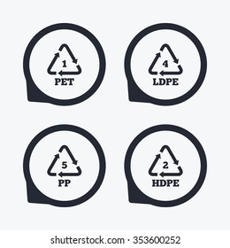PET 1, Ld-pe 4, PP 5 and Hd-pe 2 icons. High-density Polyethylene terephthalate sign. Recycling symbol. Flat icon pointers.