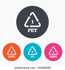 PET 1, Ld-pe 4, PP 5 and Hd-pe 2 icons. High-density Polyethylene terephthalate sign. Recycling symbol. Circle flat buttons with icon.