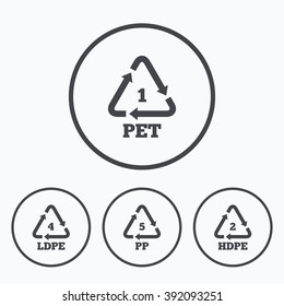 PET 1, Ld-pe 4, PP 5 And Hd-pe 2 Icons. High-density Polyethylene Terephthalate Sign. Recycling Symbol. Icons In Circles.