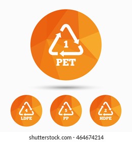 PET 1, Ld-pe 4, PP 5 and Hd-pe 2 icons. High-density Polyethylene terephthalate sign. Recycling symbol. Triangular low poly buttons with shadow. Vector