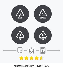 PET 1, Ld-pe 4, PP 5 and Hd-pe 2 icons. High-density Polyethylene terephthalate sign. Recycling symbol. Chat, award medal and report linear icons. Star vote ranking. Vector