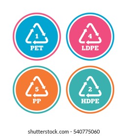 PET 1, Ld-pe 4, PP 5 and Hd-pe 2 icons. High-density Polyethylene terephthalate sign. Recycling symbol. Colored circle buttons. Vector