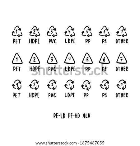 PET 1, Ld-pe 4, PP 5 and Hd-pe 2 icons. High-density Polyethylene terephthalate sign. Recycling hand drawn symbol. Flat icons on white. Vector