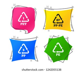 PET 1, PP-pe 07, PP 5 and PE icons. High-density Polyethylene terephthalate sign. Recycling symbol. Geometric colorful tags. Banners with flat icons. Trendy design. Vector