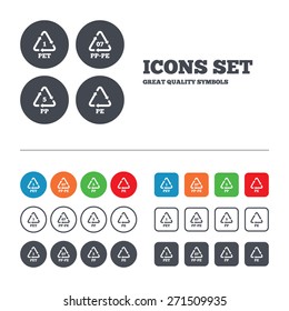 PET 1, PP-pe 07, PP 5 and PE icons. High-density Polyethylene terephthalate sign. Recycling symbol. Web buttons set. Circles and squares templates. Vector