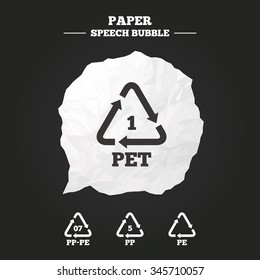 PET 1, PP-pe 07, PP 5 and PE icons. High-density Polyethylene terephthalate sign. Recycling symbol. Paper speech bubble with icon.