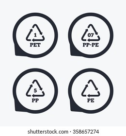 PET 1, PP-pe 07, PP 5 And PE Icons. High-density Polyethylene Terephthalate Sign. Recycling Symbol. Flat Icon Pointers.