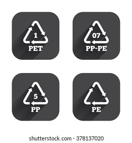 PET 1, PP-pe 07, PP 5 and PE icons. High-density Polyethylene terephthalate sign. Recycling symbol. Square flat buttons with long shadow.