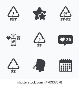 PET 1, PP-pe 07, PP 5 and PE icons. High-density Polyethylene terephthalate sign. Recycling symbol. Flat talking head, calendar icons. Stars, like counter icons. Vector