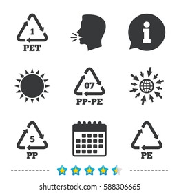 PET 1, PP-pe 07, PP 5 and PE icons. High-density Polyethylene terephthalate sign. Recycling symbol. Information, go to web and calendar icons. Sun and loud speak symbol. Vector