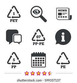PET 1, PP-pe 07, PP 5 and PE icons. High-density Polyethylene terephthalate sign. Recycling symbol. Newspaper, information and calendar icons. Investigate magnifier, chat symbol. Vector