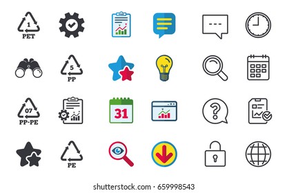 PET 1, PP-pe 07, PP 5 and PE icons. High-density Polyethylene terephthalate sign. Recycling symbol. Chat, Report and Calendar signs. Stars, Statistics and Download icons. Question, Clock and Globe