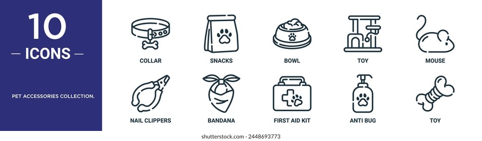 Haustier-Accessoires-Kollektion. Umriss-Icon-Set enthält dünne Linie Kragen, Snacks, Schüssel, Spielzeug, Maus, Nagelknipser, Bandana-Icons für Bericht, Präsentation, Diagramm, Webdesign