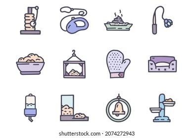 Pet accessories color vector doodle simple icon set