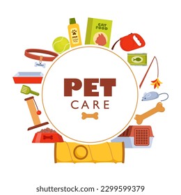 Pet accessories and food set. Dogs and cats supplies, pet shop equipment, toys, home, bowl, cage, scratching post, ball, collar, dog bed. Pet care equipment. Vector illustration