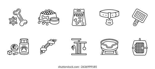 Pet accessories icon set. Collection of essential pet accessories including collar, toy, bowl and food vector illustration. Animal care and grooming tools outline symbols. Cat and dog shop line sign.