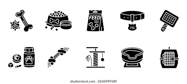 Pet accessories icon set. Collection of pet accessories including collar, toy, bowl and food vector illustration. Animal care and grooming tools black symbols. Cat and dog shop glyph sign.