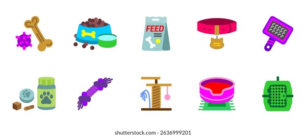 Pet accessories icon set. Collection of pet accessories including collar, toy, bowl and food vector illustration. Animal care and grooming tools colored symbols. Cat and dog shop colorful signs.