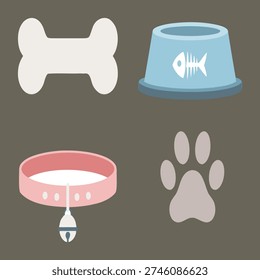 Pet accessories including dog collar, bone, food bowl, and paw print on gray background.