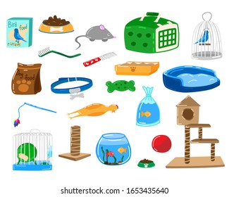 Pet accessories, products for domestic animals, isolated set on white, vector illustration. Accessories from pet store, food and toys for animals, fish aquarium, bird cage. Hand drawn icons isolated