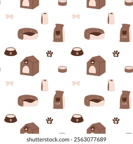 Pet accessories seamless pattern, pet bed, paws and pet food pattern