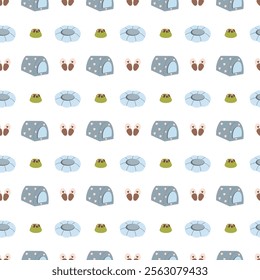 Pet accessories seamless pattern, pet bed, slippers pattern