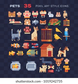 Pet accessories set. Cat, dog, aquarium fish, parrot and turtle isolated vector illustration pixel art 80s style icons. Stickers and embroidery design. Logo design for pet shops, mobile applications.