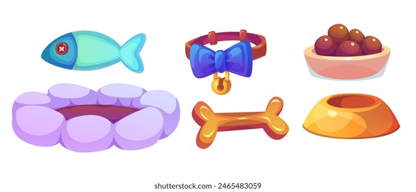 Conjunto de accesorios para mascotas aislado sobre fondo blanco. Ilustración de dibujos animados de Vector de cuencos de alimentos para animales, cama suave para gato o perro, pez de juguete, collar decorado con arco, hueso, productos de origen animal, clínica veterinaria