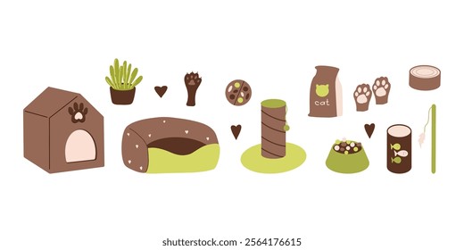 Pet accessories, supplies,  food, toys and beddings clipart, pet set, green and brown colors