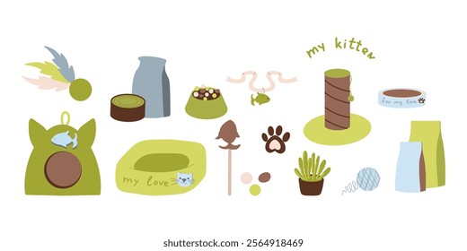 Pet accessories, supplies, food, toys and beddings clipart, pet set, green and brown colors, my kitten 