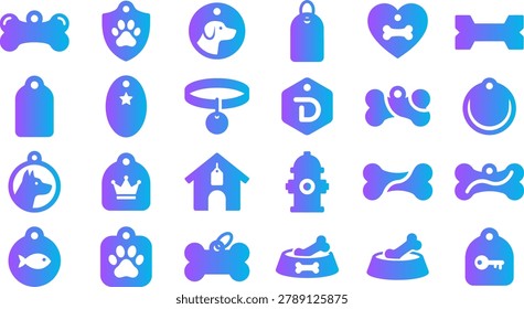 Pet accessories tags collar leash food bowl icons dog cat veterinary clinic animal care and identification emblems.