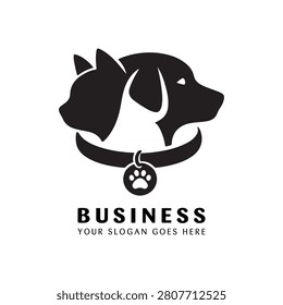 Pet Accessory logo. This playful design showcases a dog silhouette wearing a collar with a paw print charm, highlighting style and personality for pets, ideal for pet boutique shops, luxury accessory brands, or canine fashion labels seeking a trendy, memorable, and high-quality professional brand identity that resonates with pet owners.