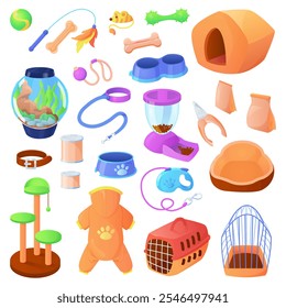 Pet accessory set. Cat beds and carriers, bone toys and dog clothes. Cage for birds and rodents, aquarium for fish. Food for animals. Isolated vector elements on white background. Cartoon style.