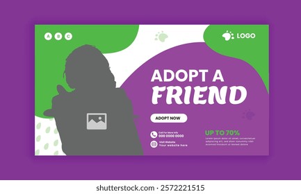 Pet adopt horizontal banner design and pet food and accessories  sale flat banner design template