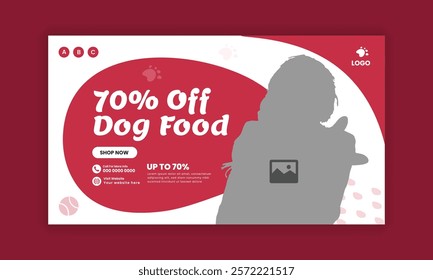 Pet adopt horizontal banner design and pet food and accessories  sale flat banner design template