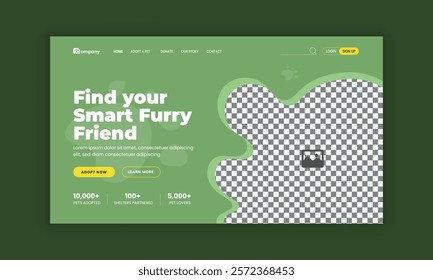 Pet adopt website homepage hero section design template and Pet healthcare grooming, food shop, website landing page user interface design