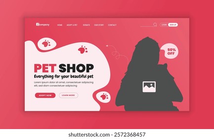 Pet adopt website homepage hero section design template and Pet healthcare grooming, food shop, website landing page user interface design